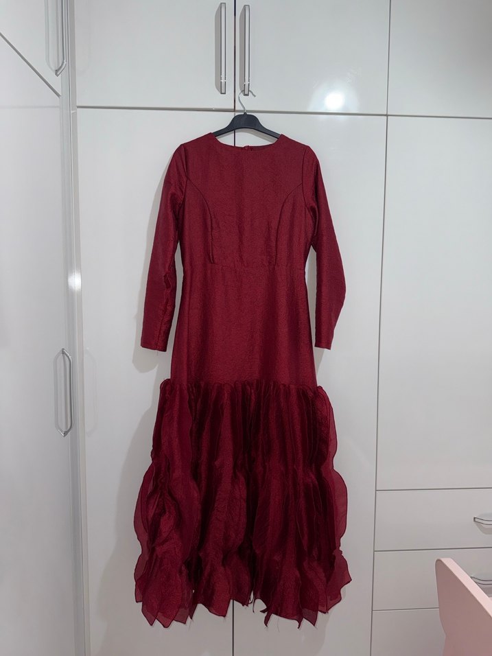 Bordo Uzun Kollu Yüksek Yakalı Uzun Elbise - Görsel 4