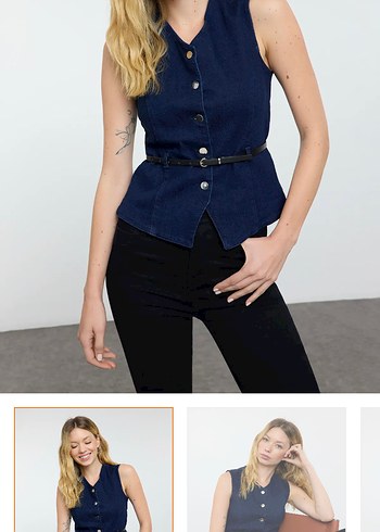 Lacivert düğmeli denim yelek
