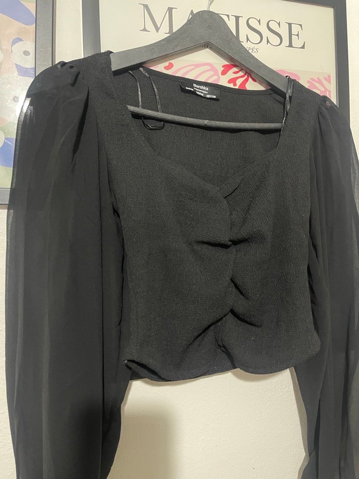 Siyah V Yakalı Drapeli Uzun Kollu Bluz - Görsel 2