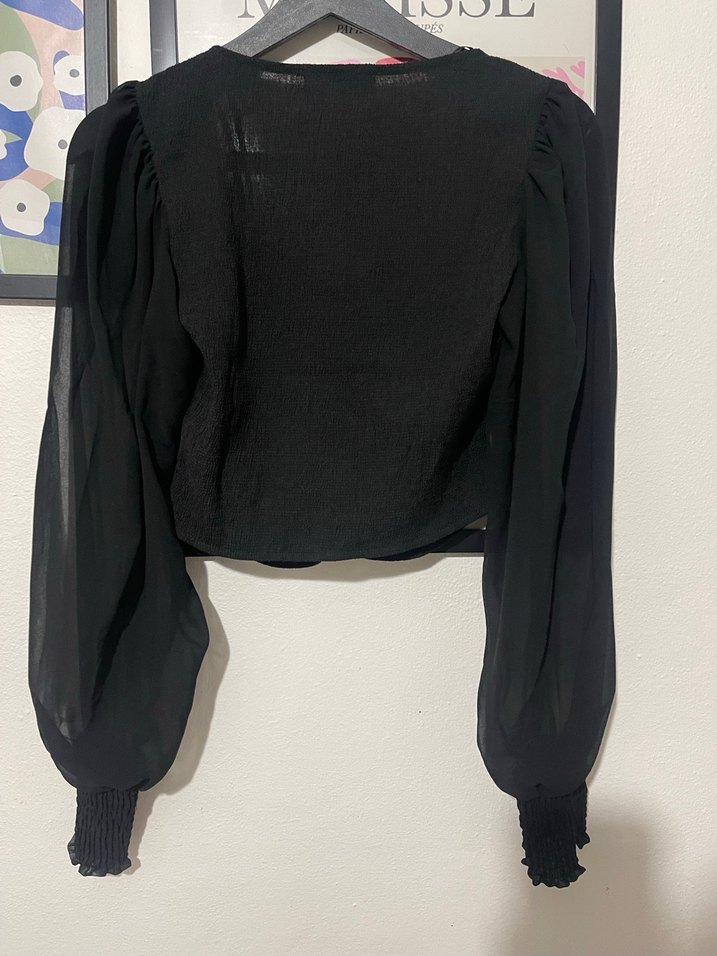 Siyah V Yakalı Drapeli Uzun Kollu Bluz - Görsel 3