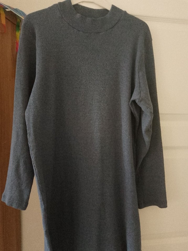 Uzun Kollu Yüksek Yakalı Triko Elbise - Görsel 4