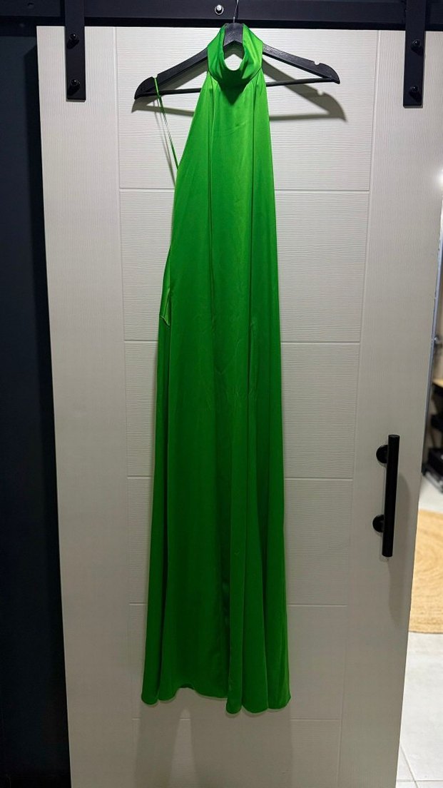 Yeşil Drapeli Uzun Halter Yaka Elbise - Görsel 4