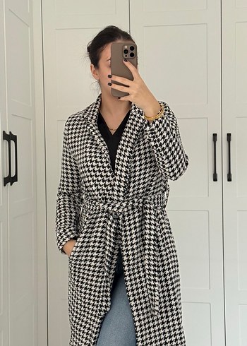 Gri Kareli Kuşaklı Midi Kadın Kaban - Görsel 2