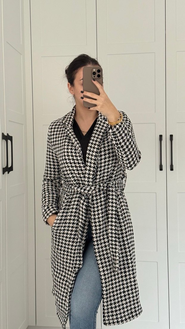 Gri Kareli Kuşaklı Midi Kadın Kaban - Görsel 2