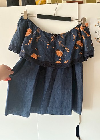 Diğer Nakışlı Volanlı Lacivert Straplez Mini Bluz