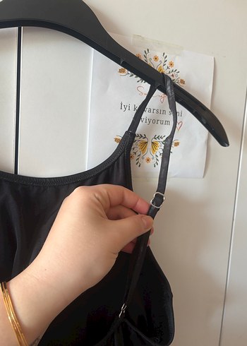 Drapeli Siyah İp Askılı Kadın Mayo - Görsel 5