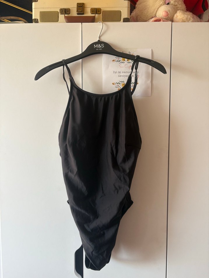 Drapeli Siyah İp Askılı Kadın Mayo - Görsel 2