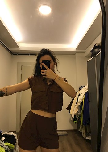 Kahverengi Keten Kısa Geniş Kesim Takım - Görsel 3