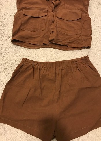 Kahverengi Keten Kısa Geniş Kesim Takım - Görsel 7