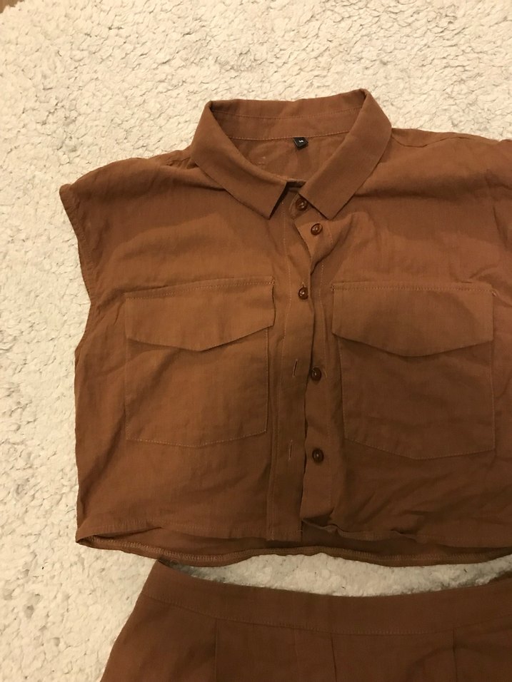 Kahverengi Keten Kısa Geniş Kesim Takım - Görsel 5