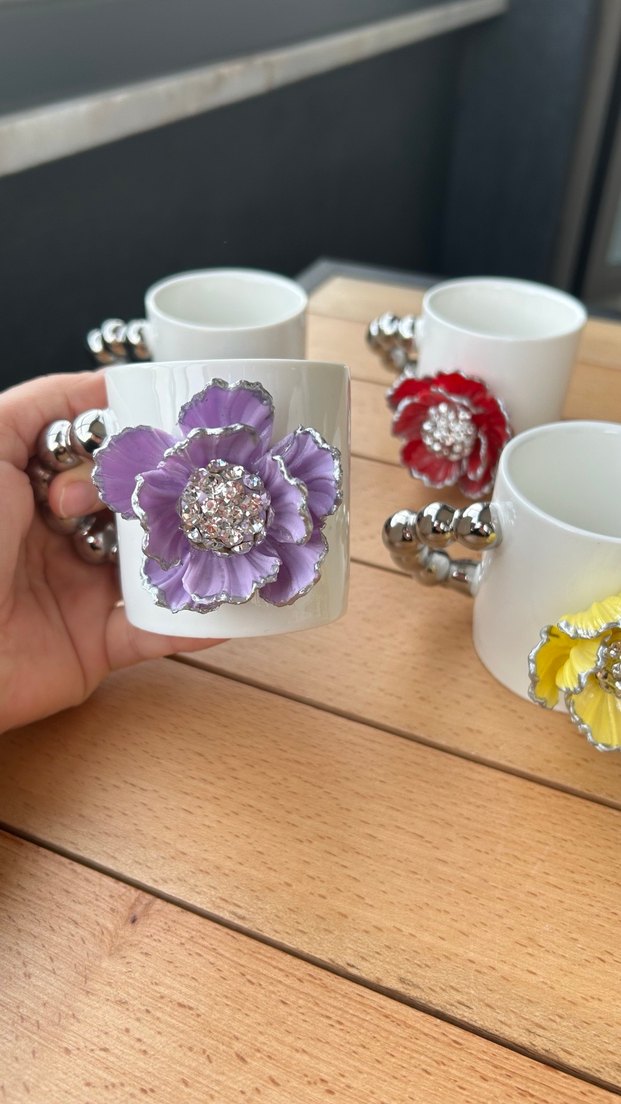 Mor Çiçekli Boncuklu kupa - Görsel 3