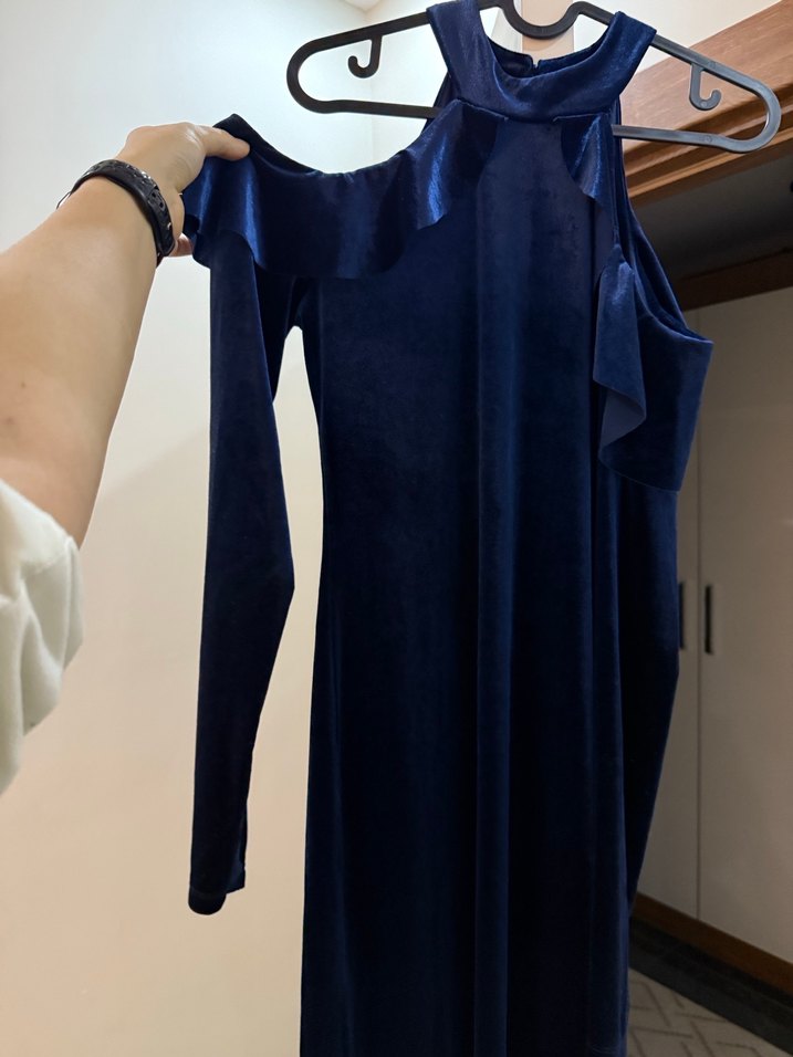 Kadın Lacivert Kadife Yaka Detaylı Elbise - Görsel 2