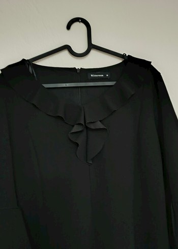 Siyah V Yaka Volanlı Midi Elbise - Görsel 3