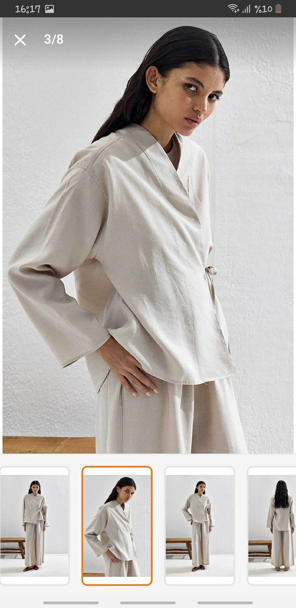 Bej Renkli Uzun Kollu Kadın Kimono Takım - Görsel 2