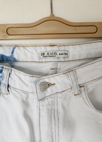 40 Beden Beyaz Bağlama Desenli Denim Kadın Jean