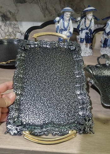 Siyah Metal Kulplu Dekoratif Tepsi Seti - Görsel 2