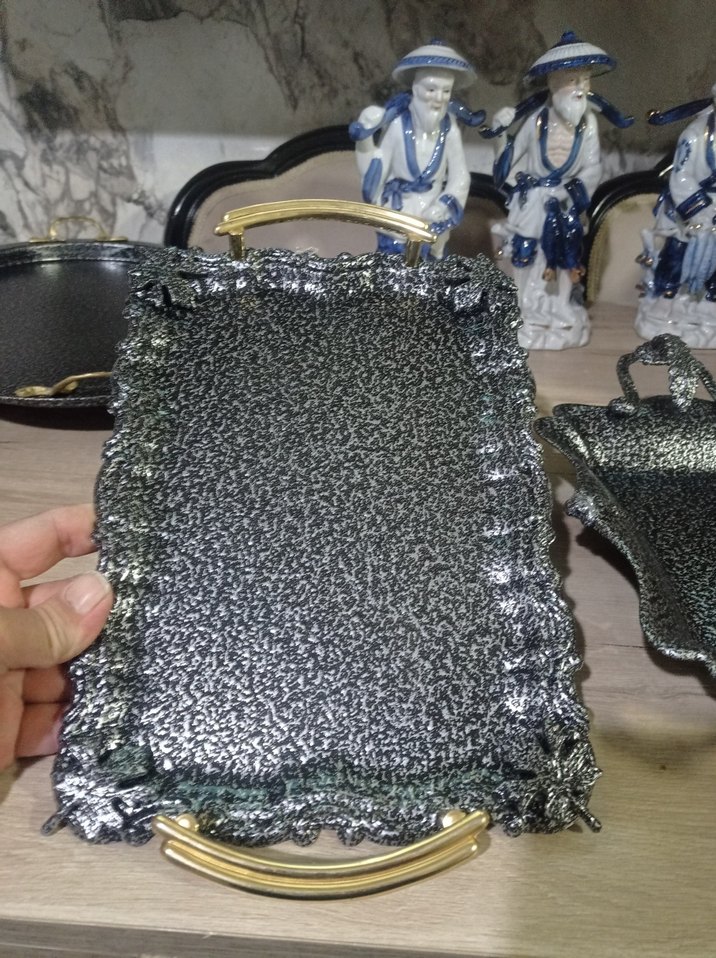 Siyah Metal Kulplu Dekoratif Tepsi Seti - Görsel 2