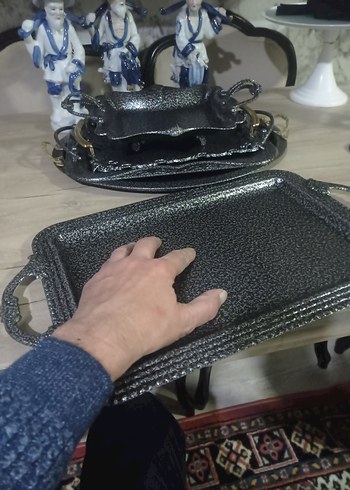 gümüş eskitme Desenli Metal Tepsi Seti - Görsel 2