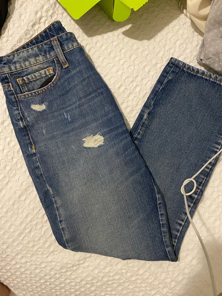 Düğmeli ve Bol Kesim Mavi Batik Kadın Kot - Görsel 3