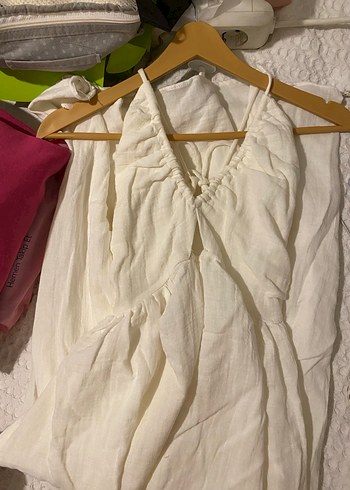 Bohem beyaz keten midi elbise - Görsel 2