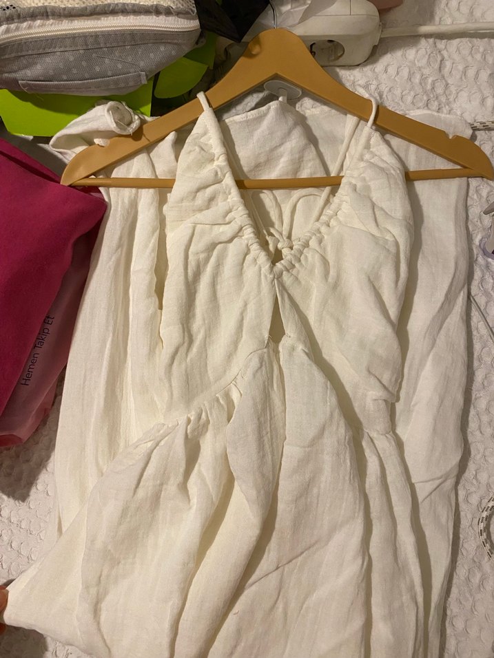 Bohem beyaz keten midi elbise - Görsel 2