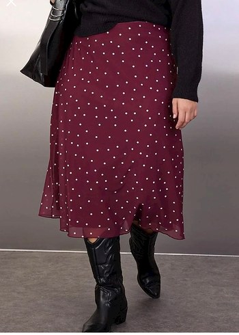 Bordo Puantiyeli Midi Etek - Görsel 3