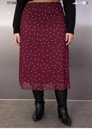 Bordo Puantiyeli Midi Etek - Görsel 8