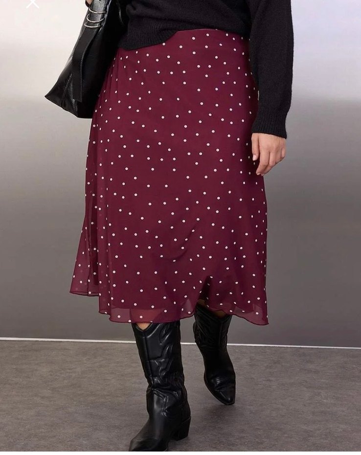 Bordo Puantiyeli Midi Etek - Görsel 3