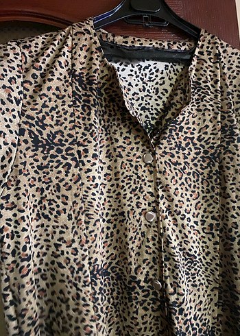 Kahverengi Leopar Desenli Uzun Salaş Elbise - Görsel 3