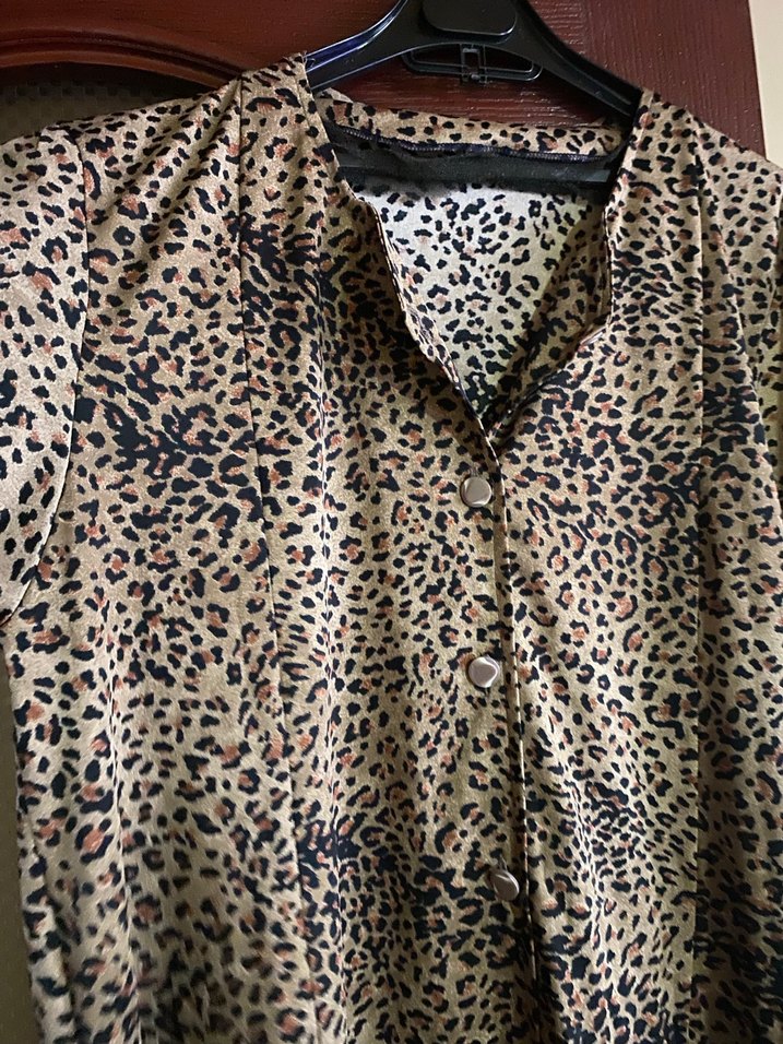 Kahverengi Leopar Desenli Uzun Salaş Elbise - Görsel 3