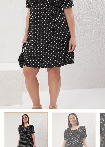 V yaka düğmeli siyah puantiyeli günlük elbise - Görsel 4