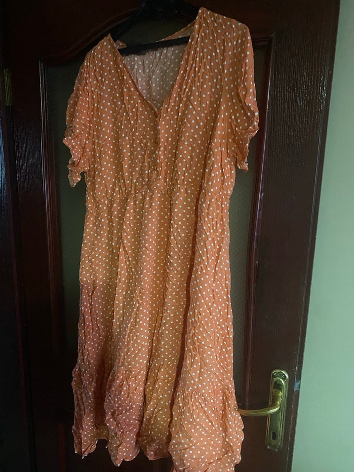 Bej Puantiyeli V Yakalı Bohem Elbise - Görsel 2