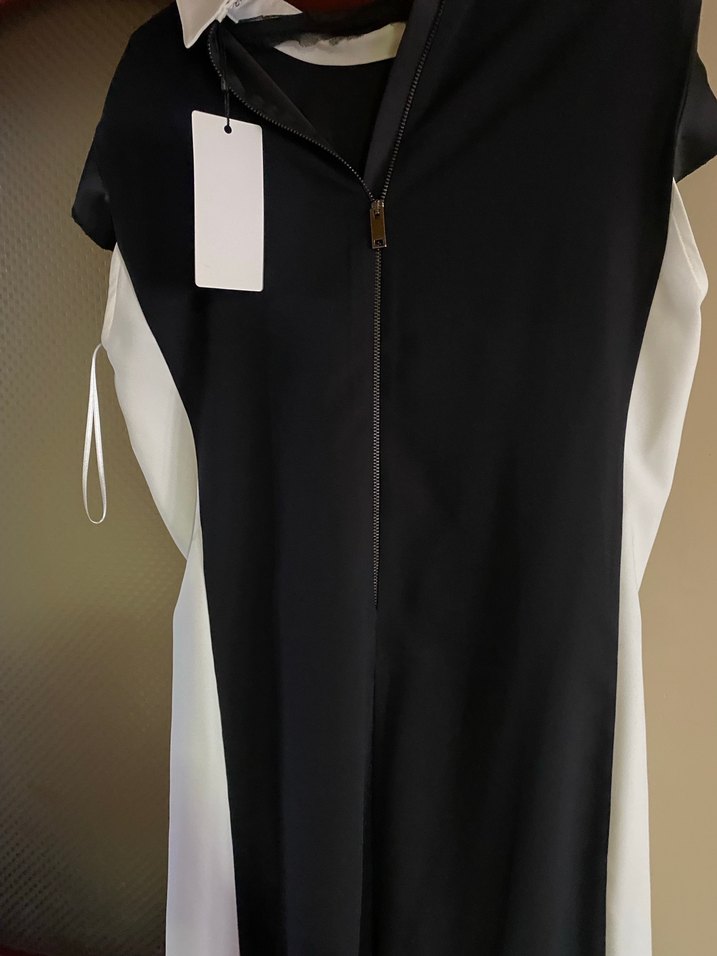 Siyah Beyaz Midi Kolye Yaka Elbise - Görsel 5