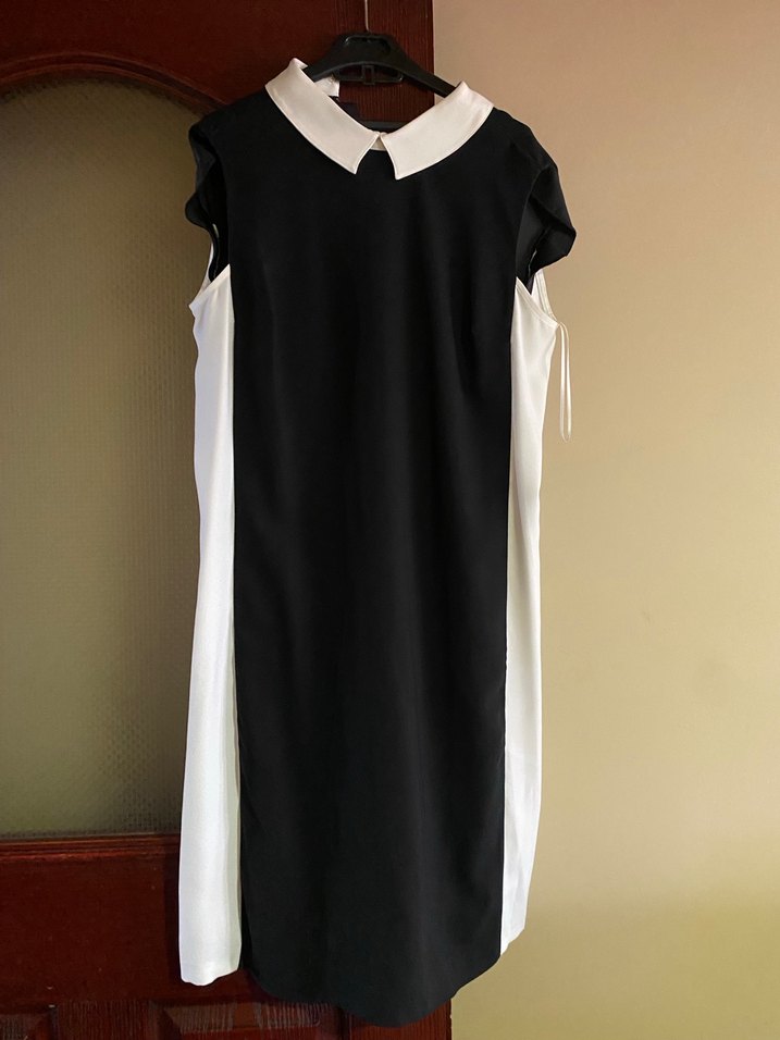 Siyah Beyaz Midi Kolye Yaka Elbise - Görsel 2