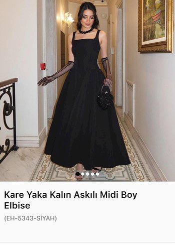 Kare Yaka Kalın Askılı Siyah Uzun Elbise