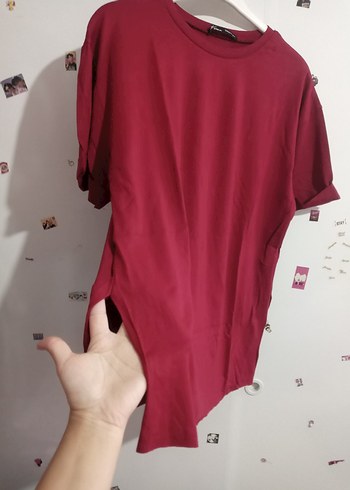 s Beden Bordo Kadın Basic Oversize Tişört