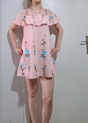 Pembe Desenli Tüllü Mini Bohem Elbise