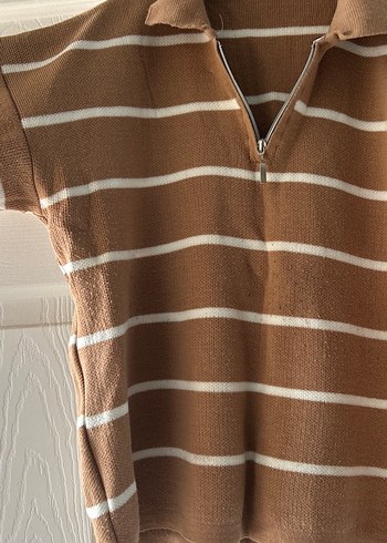 Bej Çizgili Kadın Triko Kazak - Görsel 2