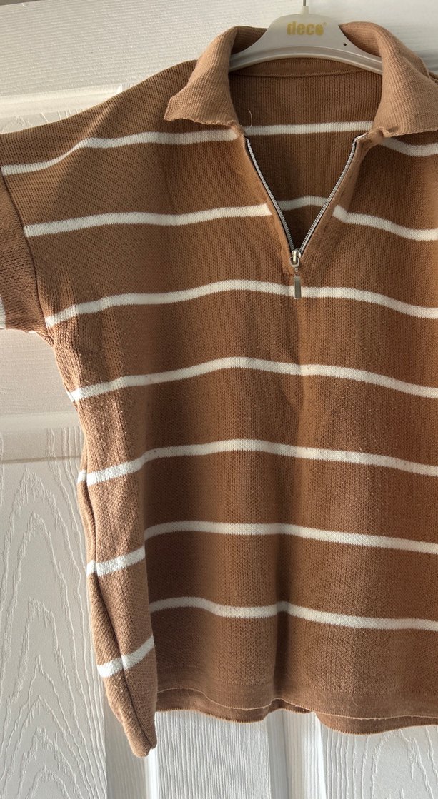 Bej Çizgili Kadın Triko Kazak - Görsel 2