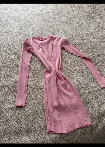 Pembe Yüksek Yakalı Uzun Kollu Mini Elbise - Görsel 2