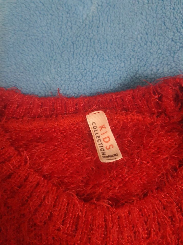 Kız Çocuk Kırmızı Örgü Penguen Desenli Kazak - Görsel 2