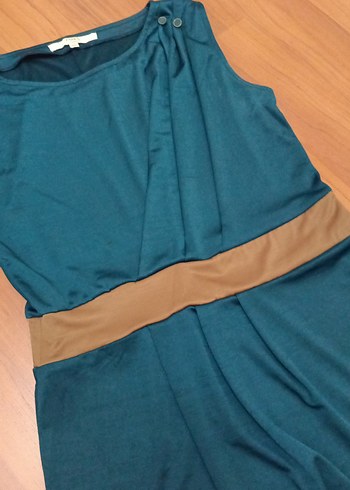 petrol yeşili beli kahve Kemer detaylı elbise - Görsel 3