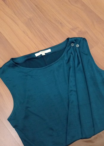 petrol yeşili beli kahve Kemer detaylı elbise - Görsel 2