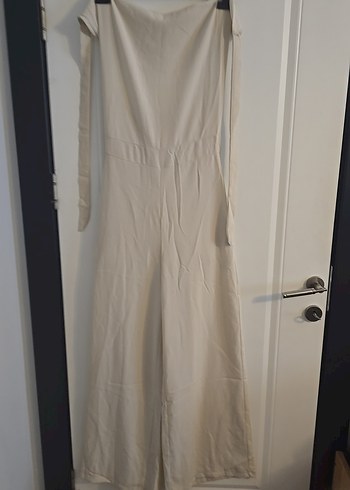 Bej Keten Uzun Askısız Kadın Tulum - Görsel 4