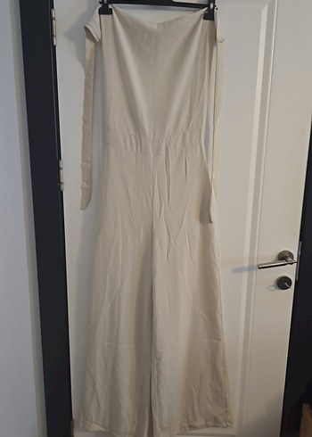 Bej Keten Uzun Askısız Kadın Tulum - Görsel 3