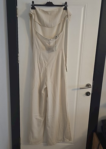 Bej Keten Uzun Askısız Kadın Tulum - Görsel 5