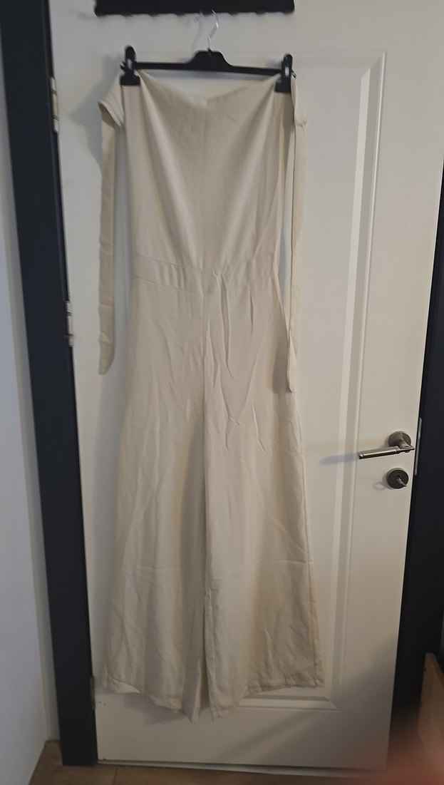 Bej Keten Uzun Askısız Kadın Tulum - Görsel 4