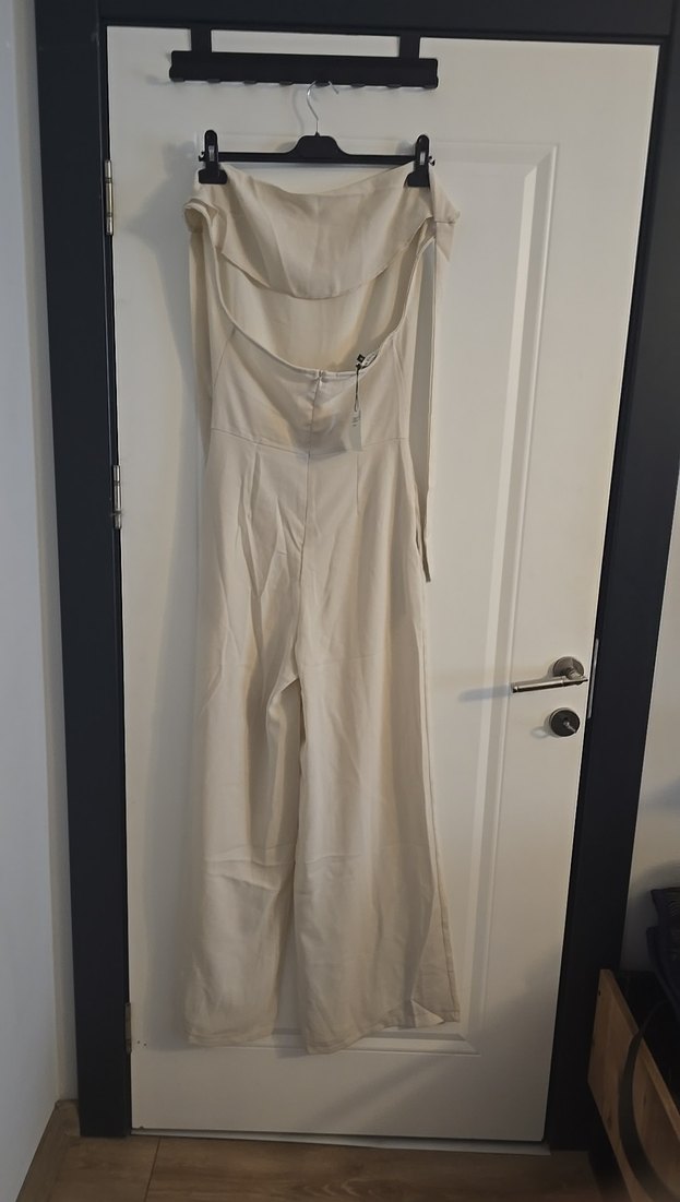 Bej Keten Uzun Askısız Kadın Tulum - Görsel 5