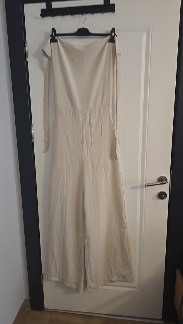 Bej Keten Uzun Askısız Kadın Tulum - Görsel 2