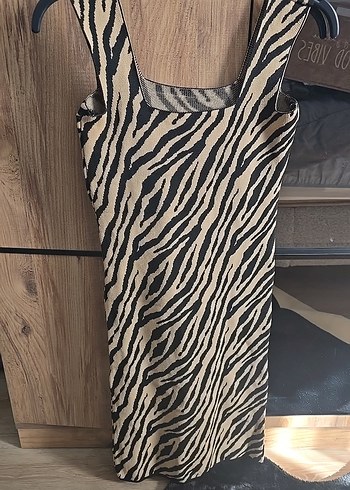 Kahverengi Zebra Desenli Midi Triko Elbise - Görsel 2